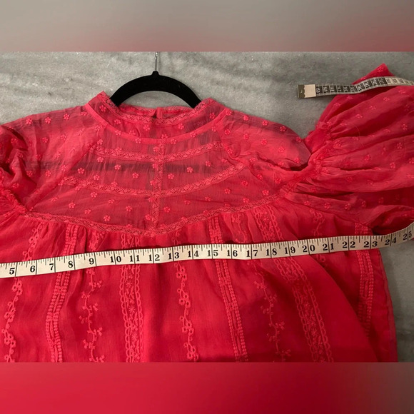Aqua Pink High Neck Ruffle Sleeve Embroidered Flowy Babydoll Blouse Size M - Picture 10 of 11